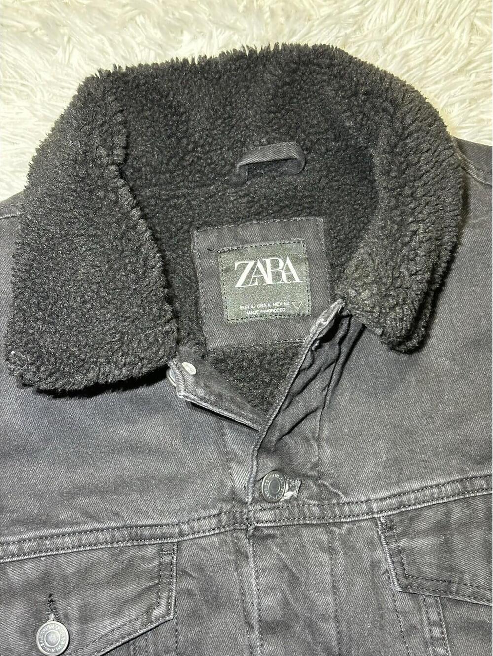 ZARA Men’s Black Fur Lined Denim Jacket Size L Sherpa Trucker Coat Workwear - Picture 4 of 9